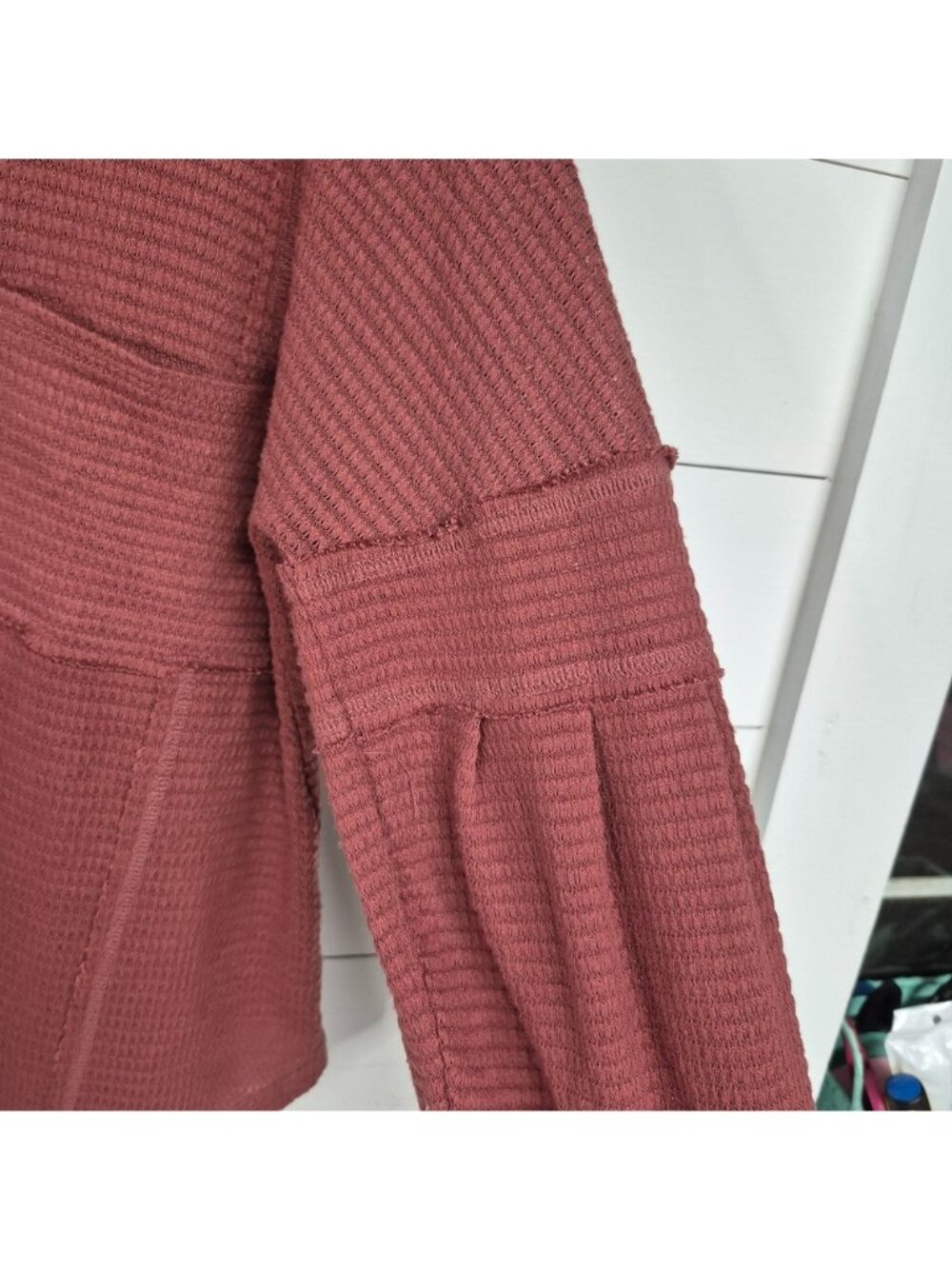 Waffle Knit Burgundy Hoodie With Button Detail & Front Pocket Long Balloon Sleev - Picture 4 of 9